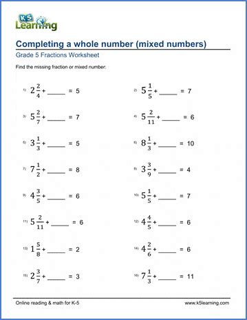 Fraction review (equivalent fractions, fractions of a set, and naming fractions). Grade 5 Fractions Worksheets: Completing whole numbers ...
