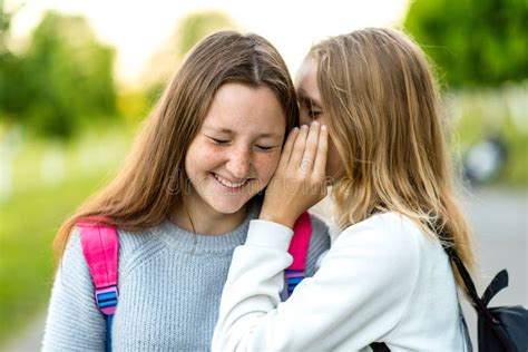 Two Girl Friends Schoolgirls Teenagers In Summer City Park Stock Image Image Of Chat Girl
