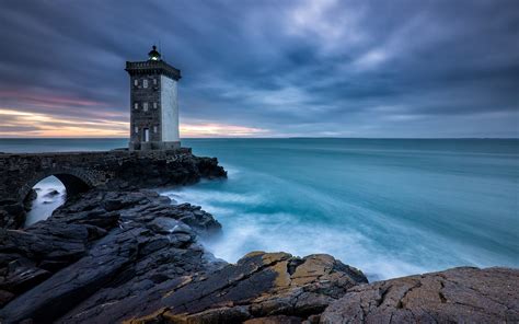 Wallpaper Brittany France Lighthouse Sea Clouds Dusk 1920x1200 Hd