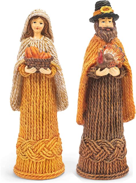 Transpac Harvest Orange Rope Pilgrim Couple Resin