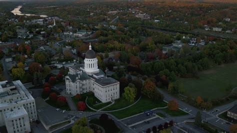 6k Stock Footage Aerial Video Orbiting The Maine State House Colorful