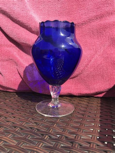 Vintage Cobalt Blue Glass Swirl Stemmed Vase With Fluted Topvintage