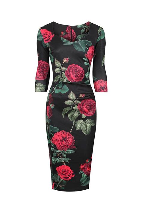Black Red Rose Floral Print 34 Sleeve Bodycon Pencil Dress Dresses