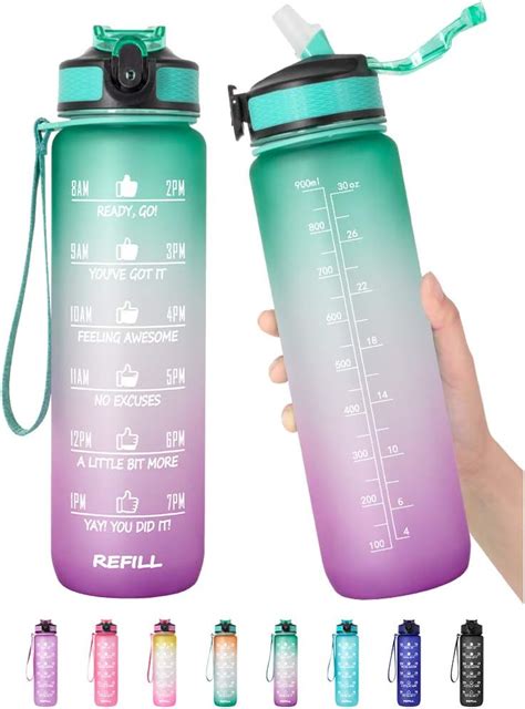 32 Oz Motivational Water Bottle With Time Marker And Straw Bpa Free