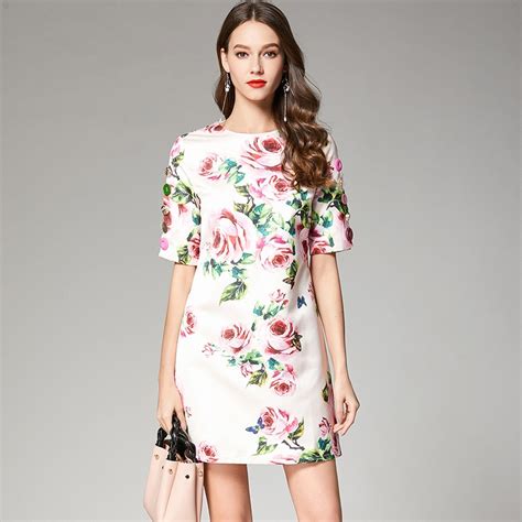2018 New Summer Pretty Rose Print Floral Dress Women Elegant Fashio