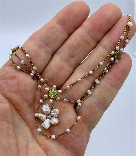 Edwardian Peridot Old Mine Diamond Pearl Festoon Swag Necklace Antique
