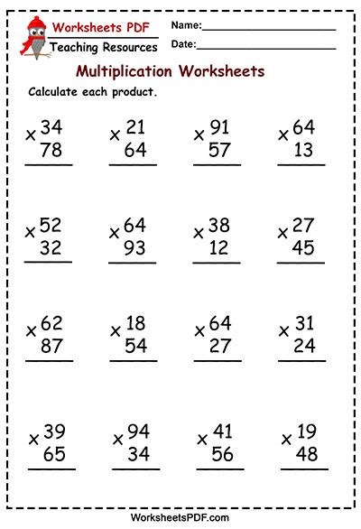 Multiplication Double Digit Whole Numbers Worksheet Pdf