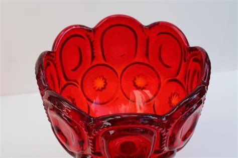 Vintage Ruby Red Moon And Stars Pattern Glass Tall Pedestal Candy Dish Or Small Compote