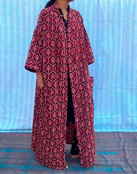 Batas De Kimono De Algodón Ajrakh Para Mujer Tela Con Etsy