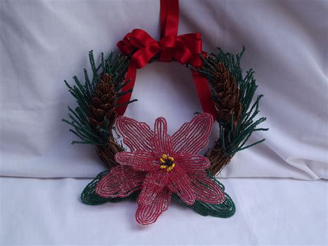 This Is A Beaded Poinsettia And Pine Cone Beaded Xmas Wreath Xmas