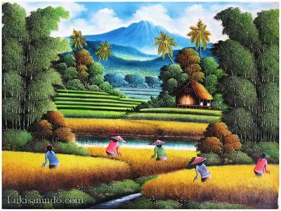 Beberapa ragam lukisan tema panen contohnya: gambar lukisan pemandangan sawah padi | Lukisan