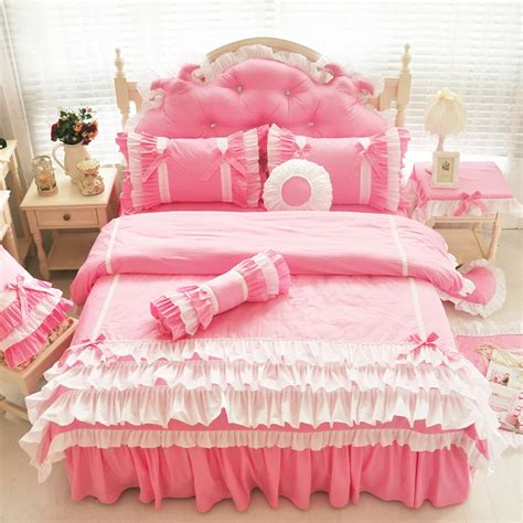 Pure Cotton Korean Princess Pink Blue Purple Home Bedding 4pcs Sets Queen King Pastoral Princess