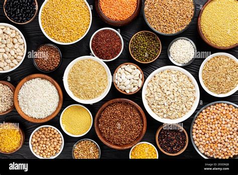 Different Cereals Grains Seeds And Beans Top View With Copy Space