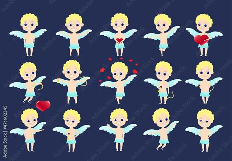 Big Vector Set For Valentines Day The Golden Haired Cupid With Wings