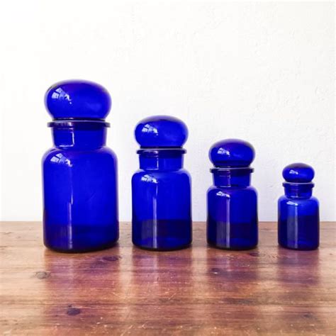 Vintage Apothecary Bottle Set Cobalt Blue Glass By Rosiefleur Glass Apothecary Jars Bath Salts