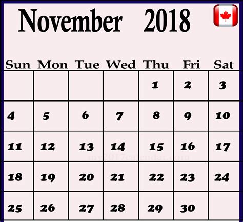 Canada Calendar November 2018 | Calendar word, Canada calendar, Calendar