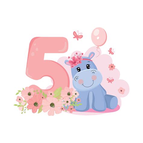 Cute Baby Girl Hippo Birthday Invitation Five Years 5 Months Happy