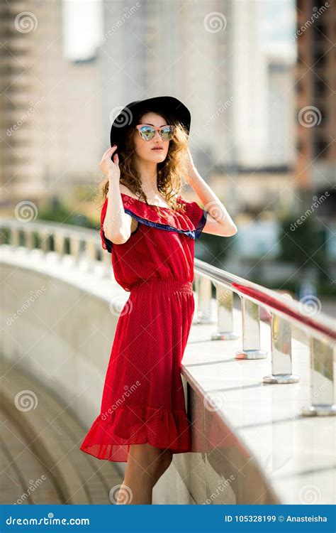 A Portrait Of A Beautiful Girl In Glasses In A Red Dress Stock Image Image Of Background