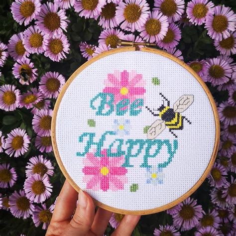 Bee Happy Cross Stitch Kit Bee And Flowers Counted Cross Etsy Uk