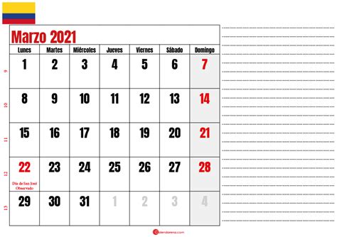 Calendario Calendario Marzo 2021 Colombia