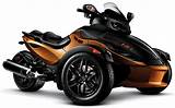 The vehicle has a single rear drive wheel and two wheels in front for steering, similar in layout to a modern snowmobile. CAN-AM/ BRP Spyder RS-S specs - 2010, 2011 - autoevolution