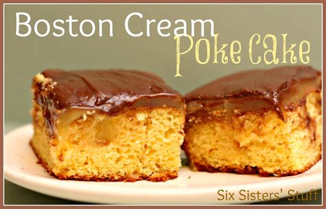 Poke holes all over the cake using the handle of a wooden spoon. Boston Cream Poke Cake | Six Sisters' Stuff