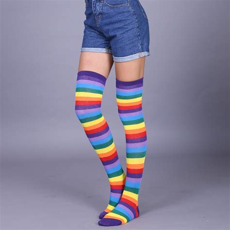 1pair fashion colorful rainbow knee high socks women girls over knee leg warmer soft knit sock