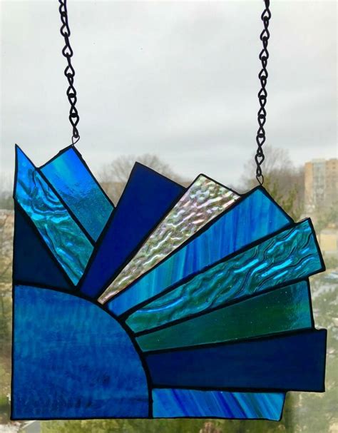 Handmade Stained Glass Window Panel Suncatcher In Blues Handmade
