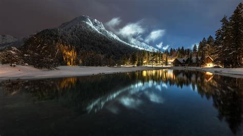 Winter Night At Lake Jasna Slovenia Wallpaper Backiee