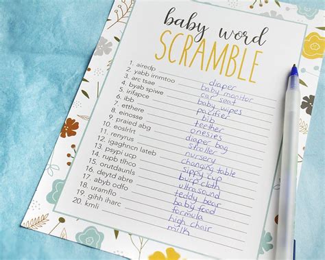 50 Baby Shower Game Sheets And 2 Answer Key Word Scramble Party Games