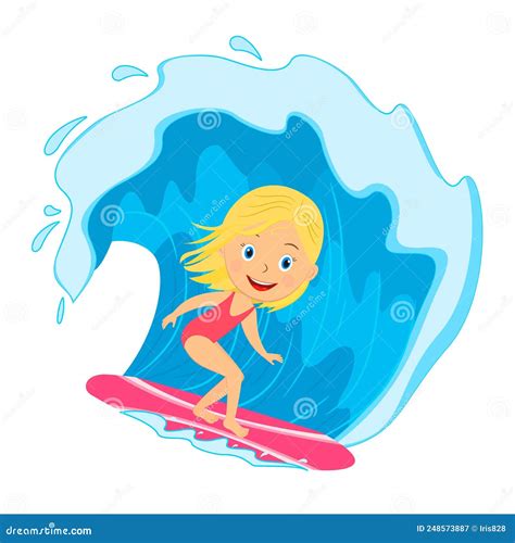 Young Girl Surfing On The Wave Stock Vector Illustration Of