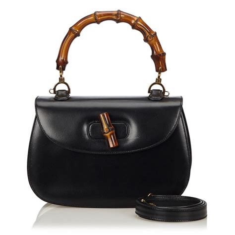 Gucci Vintage Bamboo Leather Bag Black Leather Handbag Luxury