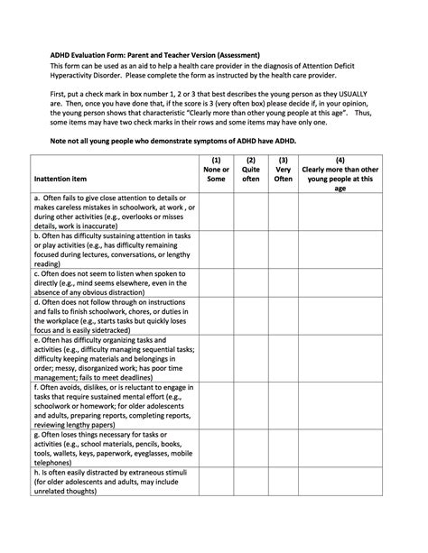 Attention Deficit Hyperactivity Disorder Adhd Evaluation Form Parent