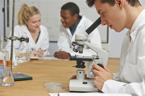 Teenage Students In Science Class Using Microscope Stock Photo Image