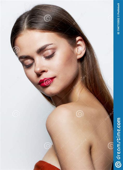 Girl Naked Shoulders Closed Eyes Red Lips Clear Skin Natural Look Stock