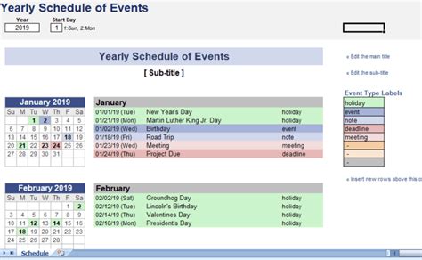 Yearlyscheduleofevents Excel Templates