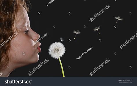 Stock Photo Closeup Portrait Little Girl Blowing Dandelion Head And