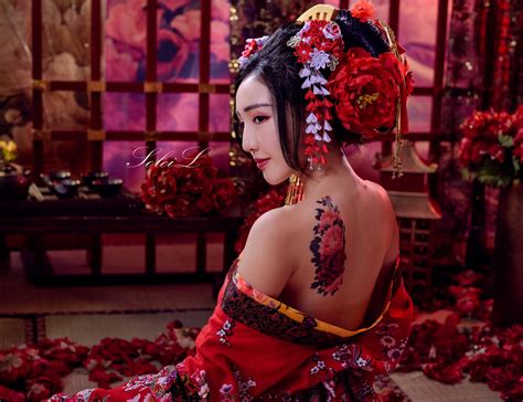Wallpaper Asian Model Black Hair Back Bare Shoulders Kimono Hair Accessories Flowers