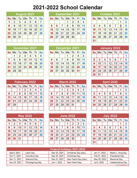 2021 And 2022 School Calendar Printable Portrait Template Noscl22a19