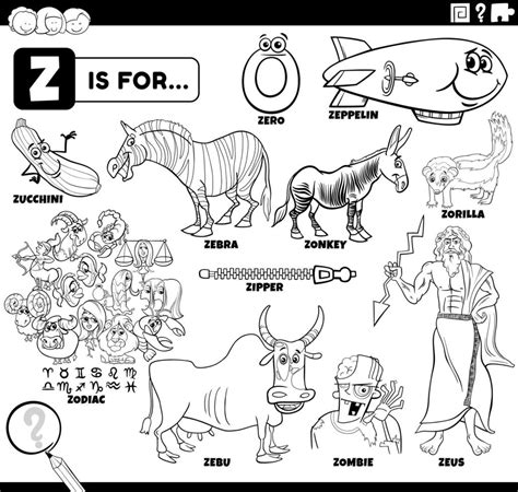 Letter Z Words Educational Cartoon Set Coloring Page 9205790 Vector Art