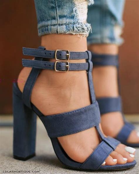 Summer New Fashion Women Thick Heel Buckle Strap Gladiator Sandals Blue