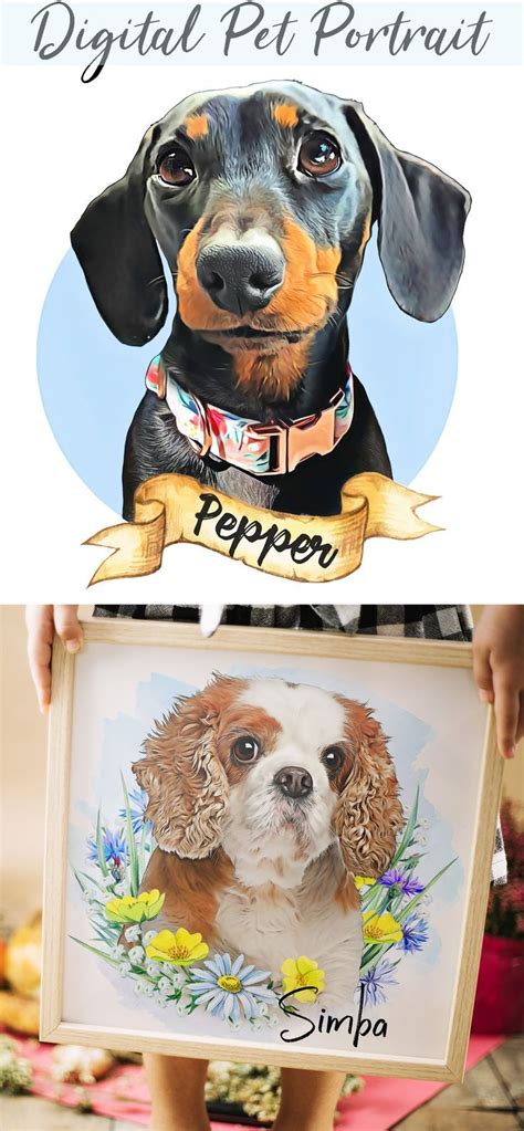 Custom pet portraits from your photo. Digital Pet Portrait with flower,Custom dog portrait ...