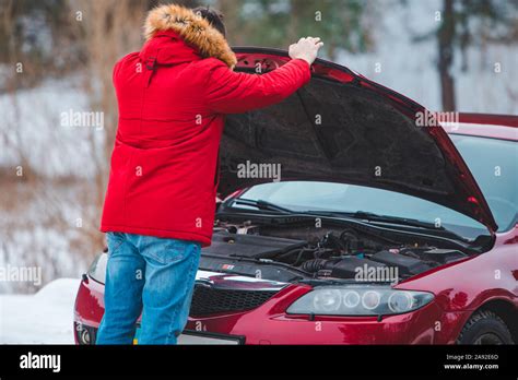 Man Opened Car Hood Breakdown At Highway Road Stock Photo Alamy