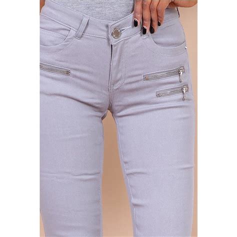 Sexy Damen Skinny Jeans Mit Zippern Hellgrau