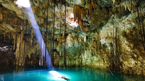 🥇 Light Landscapes Nature Cave Swimming Stalactites Azure Wallpaper