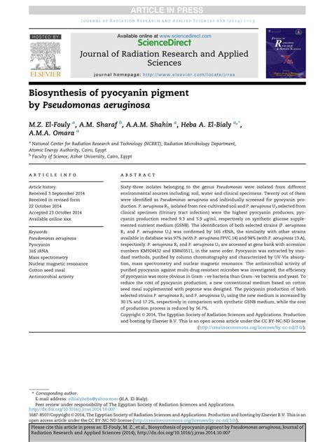 Pdf Biosynthesis Of Pyocyanin Pigment By Pseudomonas Aeruginosa