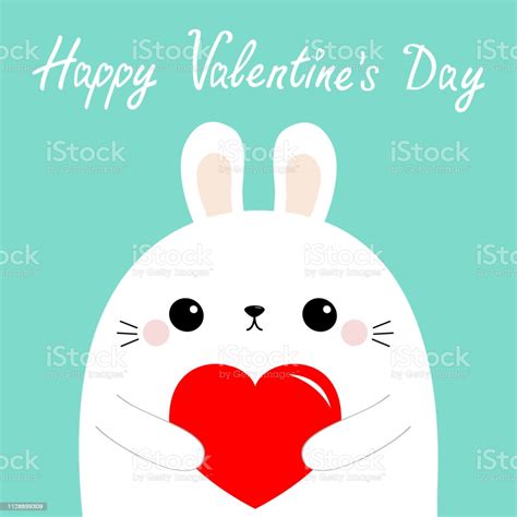 Happy Valentines Day White Rabbit Hare Puppy Head Face Holding Red