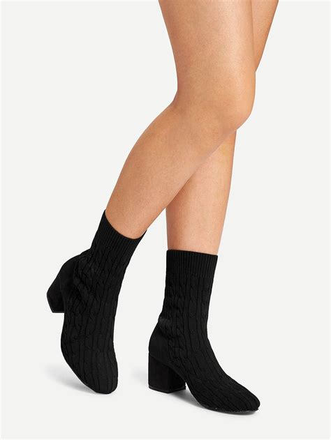 Casual Round Toe Short No Zipper Black Low Heel Chunky Cable Knit Sock