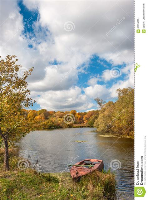 Autumn Landscape With Old Boat Stock Photo Image Of Scene Rural
