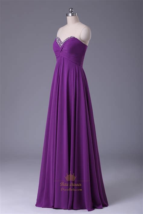 Purple Strapless Beaded Sweetheart Neckline Chiffon Floor Length Prom Dress Next Prom Dresses
